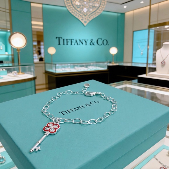Tiffany & Co. Silver Link Bracelet with Red Enamel Key Charm - Picture 4 of 4